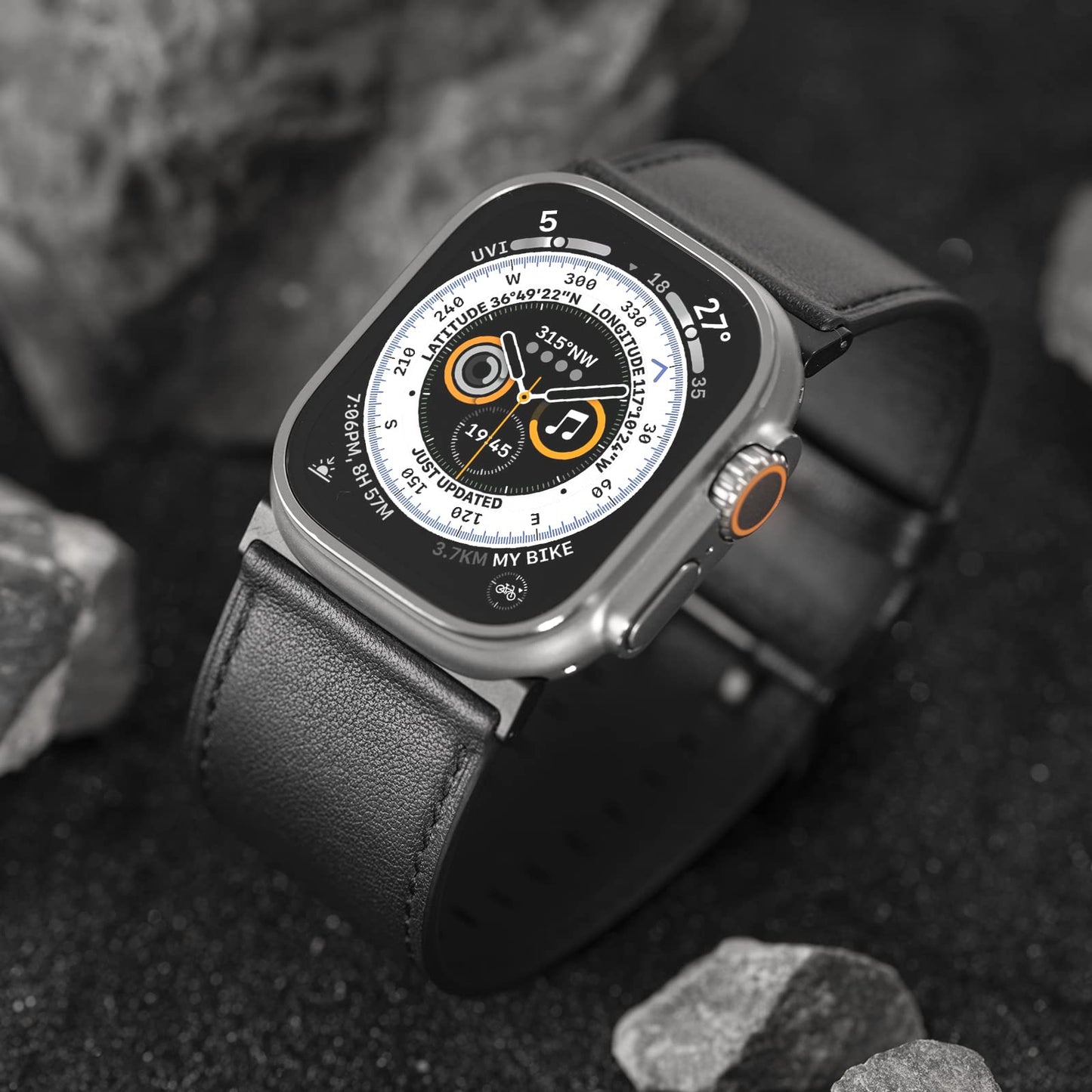 Tefeca Dual Series Band Compatible with Apple Watch Ultra 2/Ultra 49mm, Series 10 46mm, Series 9/8/7 45mm, SE2/SE/6/5/4 44mm (Black Leather with Black Adapters, 49/46/45/44mm)