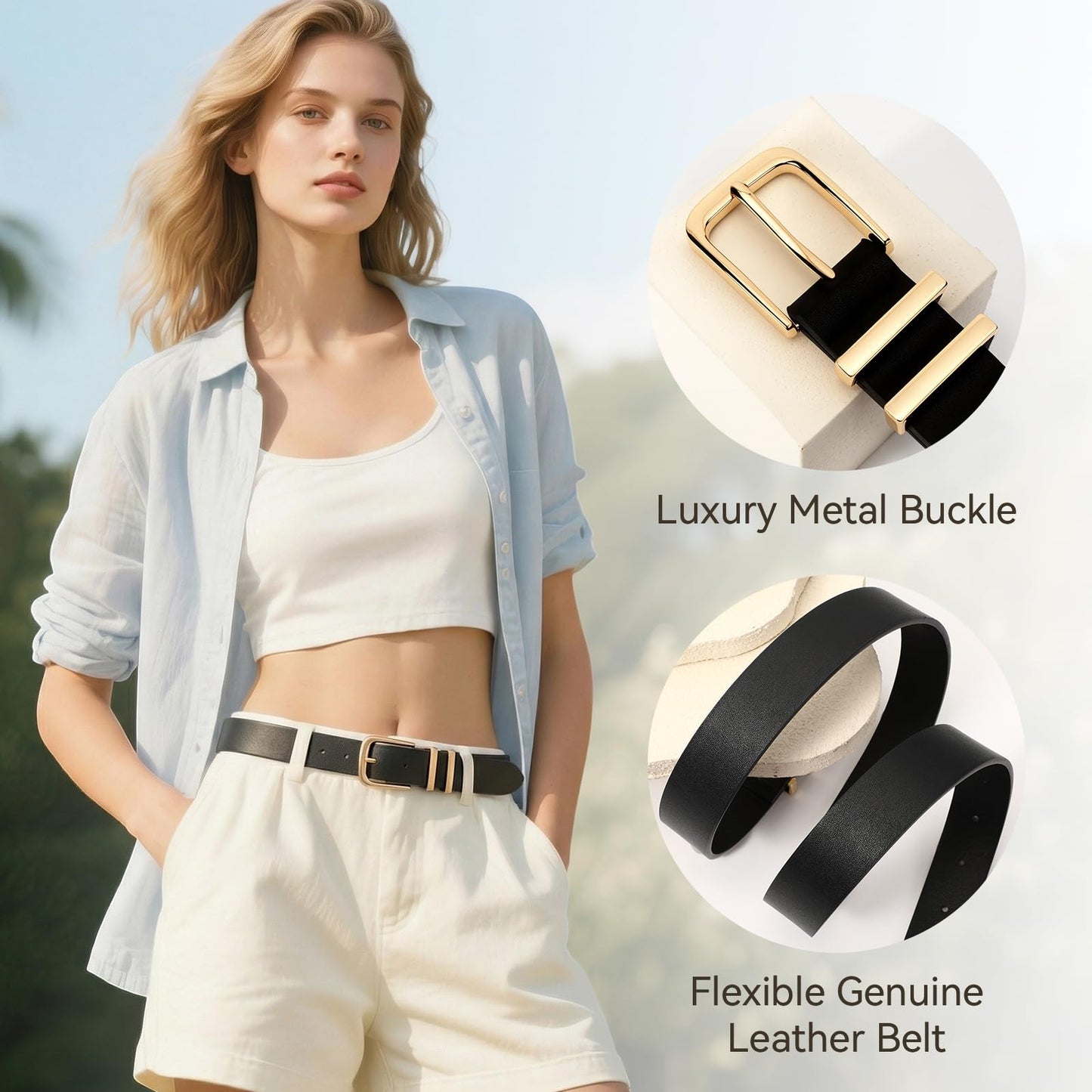 VONMELLI 3 Pack Women's Belts for Jeans Pants Fashion Gold Buckle Ladies Dress Belt, Black+Brown+Beige S