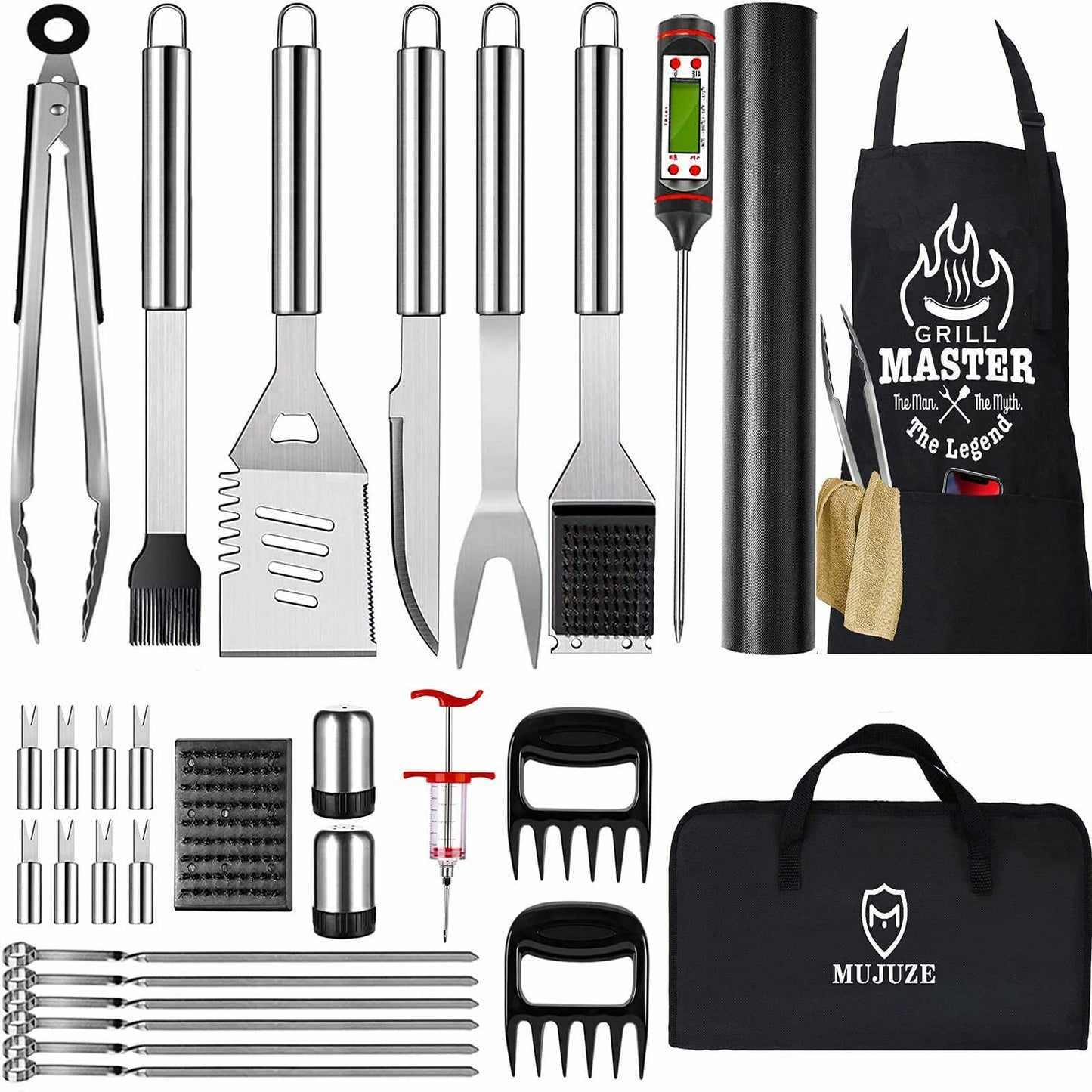 MUJUZE Grilling Accessories,Grill Accessories for Outdoor Grill,31pcs Grill Set Grilling Gifts for Men,BBQ Accessories Set,Stainless Steel Grill Kit with Apron for Outdoor,Camping,Backyard