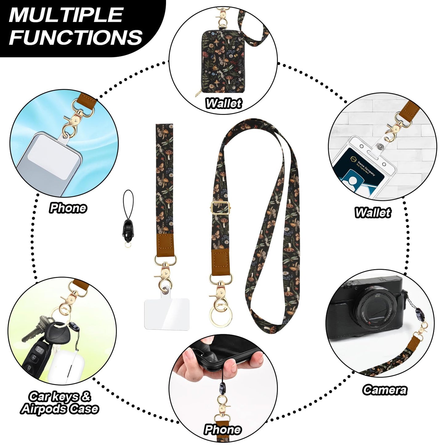 bolimoss Mushroom Lanyard for Wallet, Boho ID Badge Holder & Lanyard Wallet, Cute RFID Leather Keychain Wallets with Breakaway Wrist & Neck Lanyards for Women Worker Teacher Student Nurse