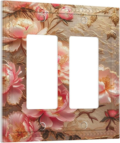 Pink Blooming Flowers Peonies Floral Dual Outlet Covers Wall Plate 2 Gang Rocker Decora Decorative Switch plate Electrical Faceplate GFCI Light Switch Covers for Farmhouse Living Decor