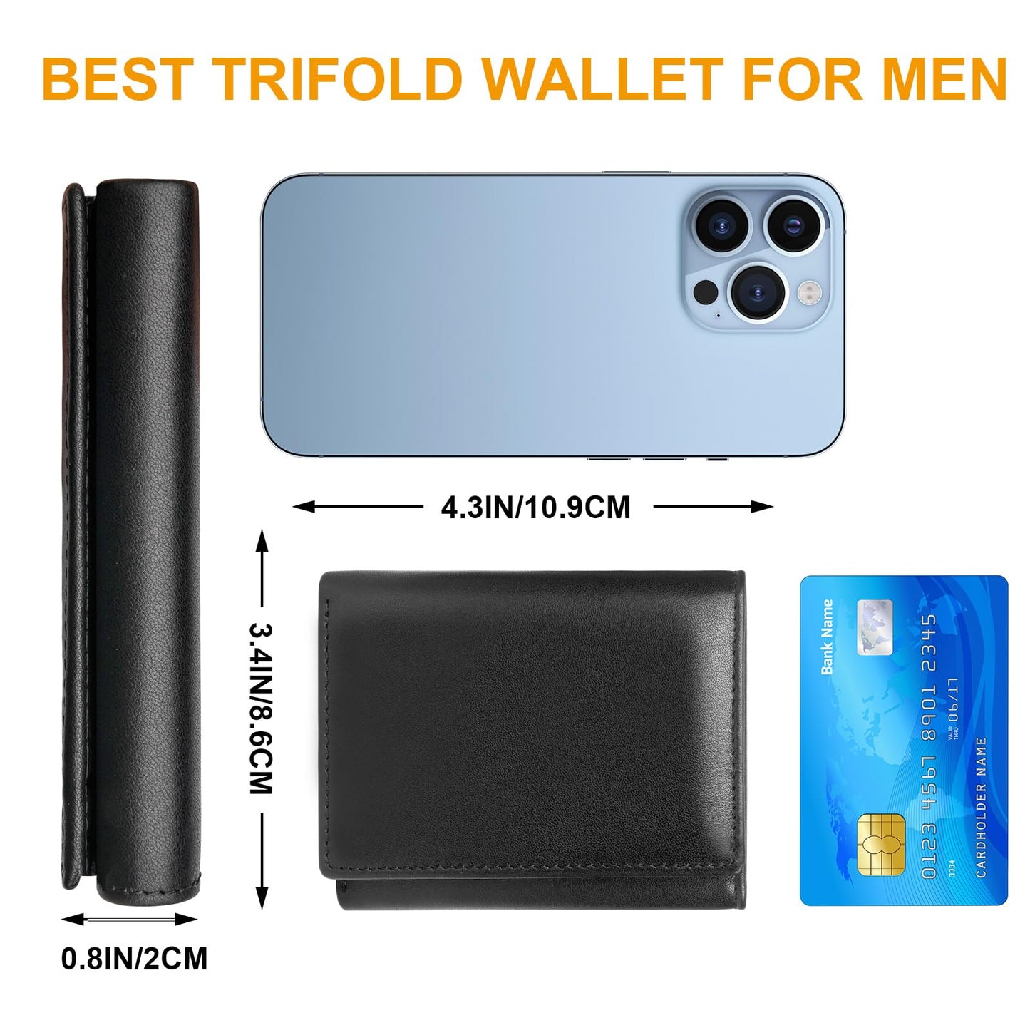 BSMUWOT Genuine Leather Trifold Wallet for Men, Rfid Blocking Tri fold Mens Wallets with ID Window (Black)