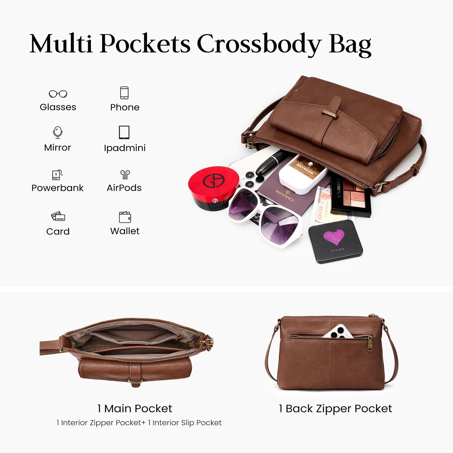 befen Genuine Leather Purses for Women Small Crossbody Purse with Built in RFID Wallet Soft Real Leather Cross Body Bags Brown Shoulder Bag with Adjustable Strap Trendy Handbag for Trave L& Daily