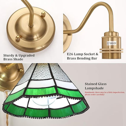 Plug in Wall Sconces Set of 2, Vintage Wall Lamps with Green Multilayer Petal Stained Glass Shade, Brass Lights Fixture Decor for Bedroom Bathroom Living Room Hallway