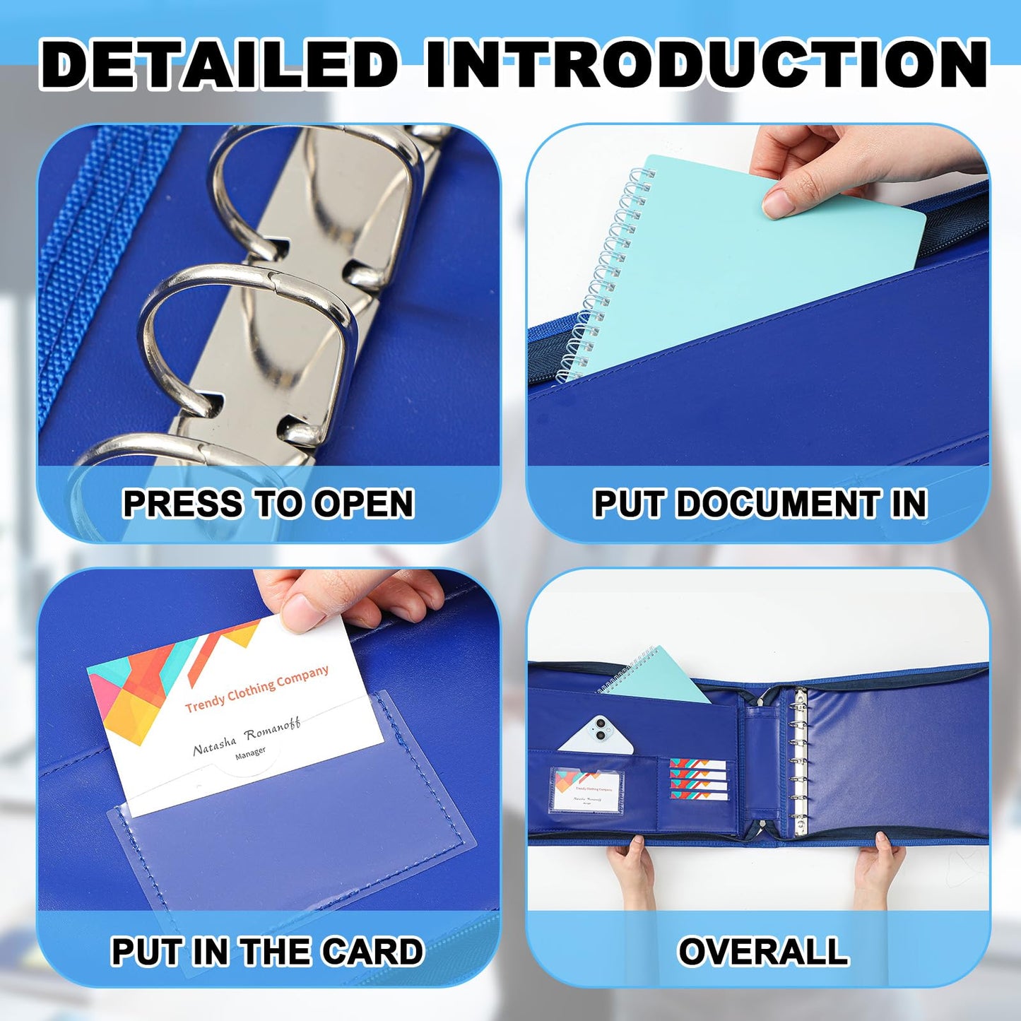 Henoyso 7 Ring Fireproof Business Checkbook Binder with Zipper 1.5 Inch D Rings Check Binder 9 x 13 Inch Checks 600 Sheets Capacity Built in Storage Organizer for Office Storage(Dark Blue)