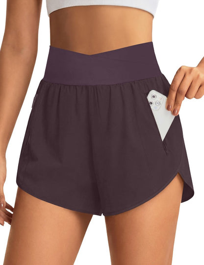 BMJL Women's Athletic Shorts High Waisted Running Short Pockets Gym Elastic Quick Dry Workout Shorts 2.5"(XL,Coffee)