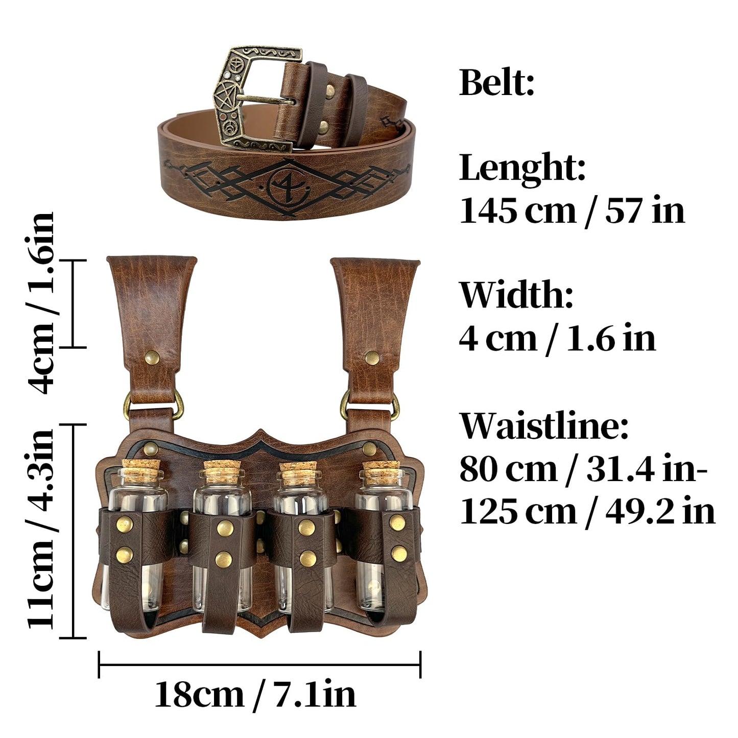 HiiFeuer Medieval Embossed Alchemy Faux Leather Buckle Belt with 4 Cork Vials, Fantasy Wizard Potion Bottles Belt (Brown B)