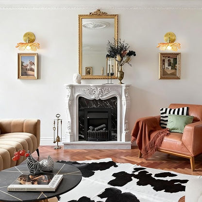 Gold Bathroom Vanity Lights Over Mirror Vintage Wall Sconces Light Wall lamp with Amber Glass Flower Shade mid Century Modern Vanity Light Bathroom Wall Sconces for Bedroom Hallway Living Room
