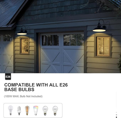 Dusk to Dawn Sensor Outdoor Barn Light Fixtures, 16 Inch Dome Farmhouse Outdoor Wall Sconces, Rustic Gooseneck Exterior Wall Mount Lights, Industrial Black White Lanterns for Porch, 2 Pack