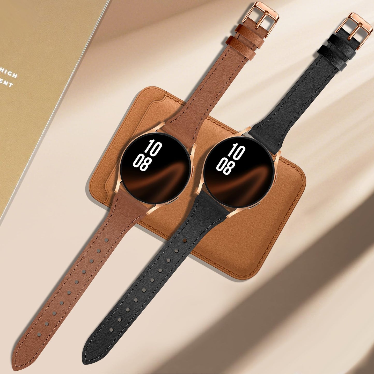 JR.DM 2 Pack Slim Leather Bands Women Compatible with Samsung Galaxy Watch 7/6/5/4/Active 2/4 Classic/6 Classic/5 Pro/FE 40mm 42mm 43mm 44mm 45mm 46mm 47mm, Top Leather Soft Watch Thin Straps，20mm
