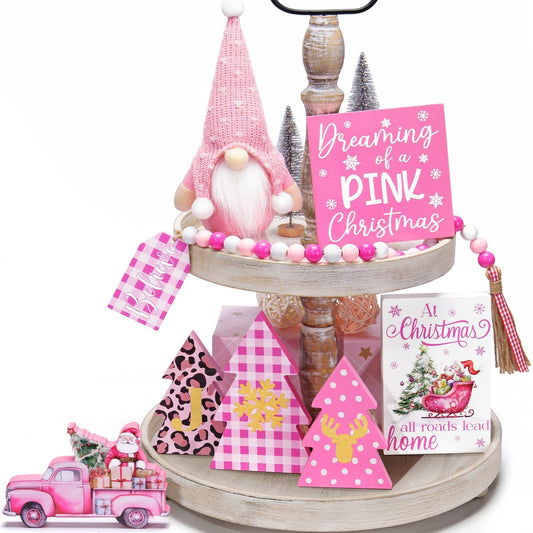 Asoulin Pink Christmas Tiered Tray Decor 8 PCS Xmas Decorations Indoor - Believe Christmas Wooden Signs & Pink Xmas Gnome Plush Set - Table Decor Tier for Home Kitchen Mantel
