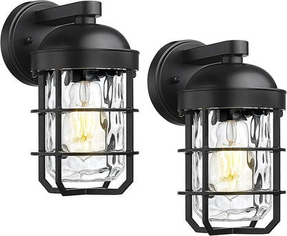 Emliviar Cylinder Outdoor Wall Lights Set of 2, 11" Black Outside Lamps Wall Mount for Porch, Garage, Front Door, E26 Socket with Water Ripple Glass, GE255BL-2PK BK-WG