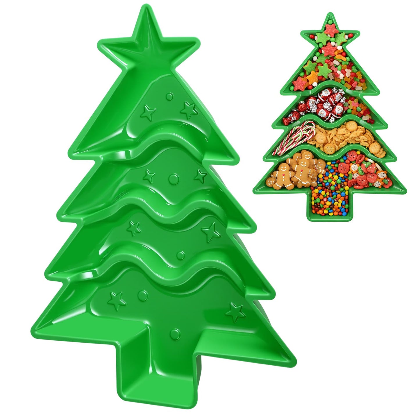 SiliFine Christmas Tree Shaped Serving Tray Divided Plastic Charcuterie Serving Plates Dishes with Compartments Xmas Party Decorations for Snacks Desserts Holiday Xmas Gift(10.2'', Green)