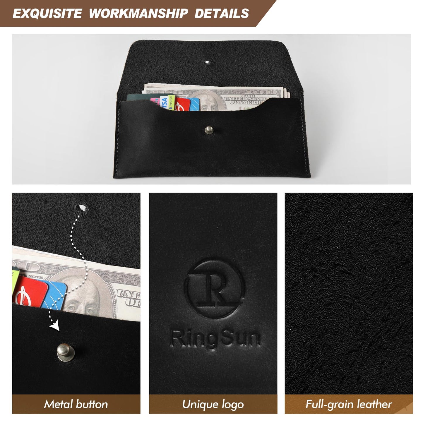 Ringsun Genuine Leather Cash Envelopes, Reusable Budget Envelope, Retro Clutch Wallet, Minimalist Wallet for Men & Women, Black