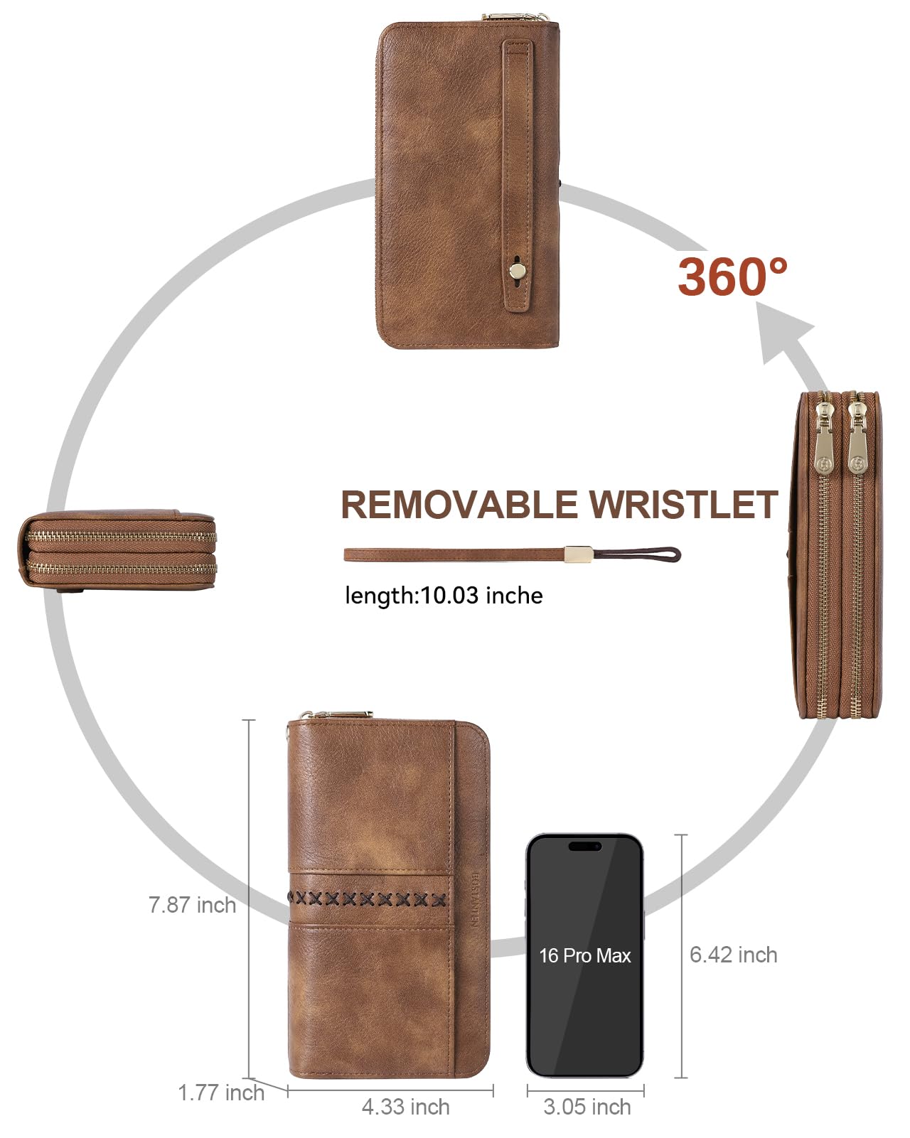 BOSTANTEN Wallets for Women Leather RFID Double Zipper Around Credit Card Holder Large Capacity Wristlet Clutch Wallet with Grip Hand Strap Brown