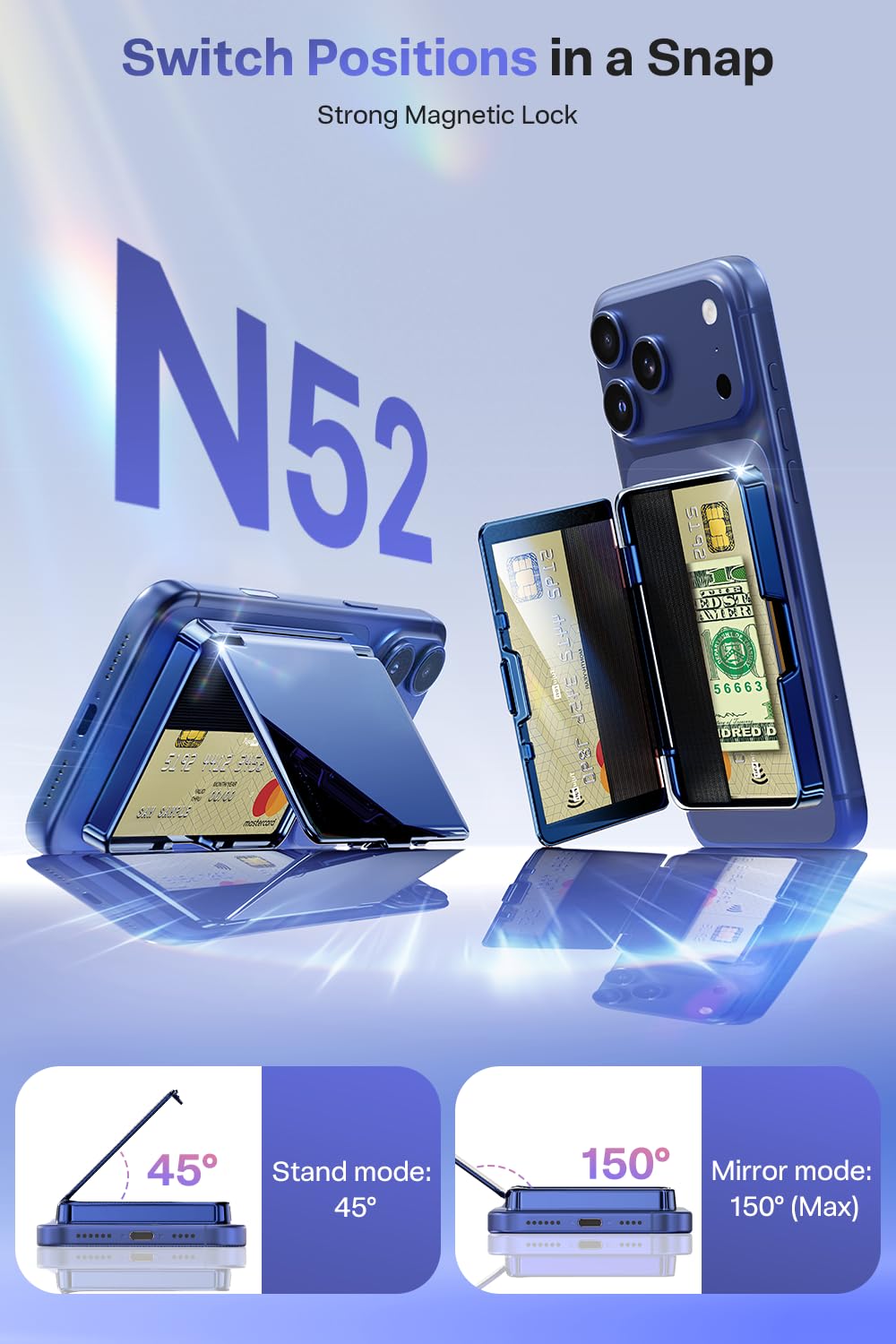 Meifigno Strong Magnetic Phone Wallet with Mirror & Kickstand, Magnetic Phone Card Holder (3-4 Cards & Cash) Compatible with iPhone 17/16/15/14/13/12 Series, Metal Plating Glossy, Deep Blue