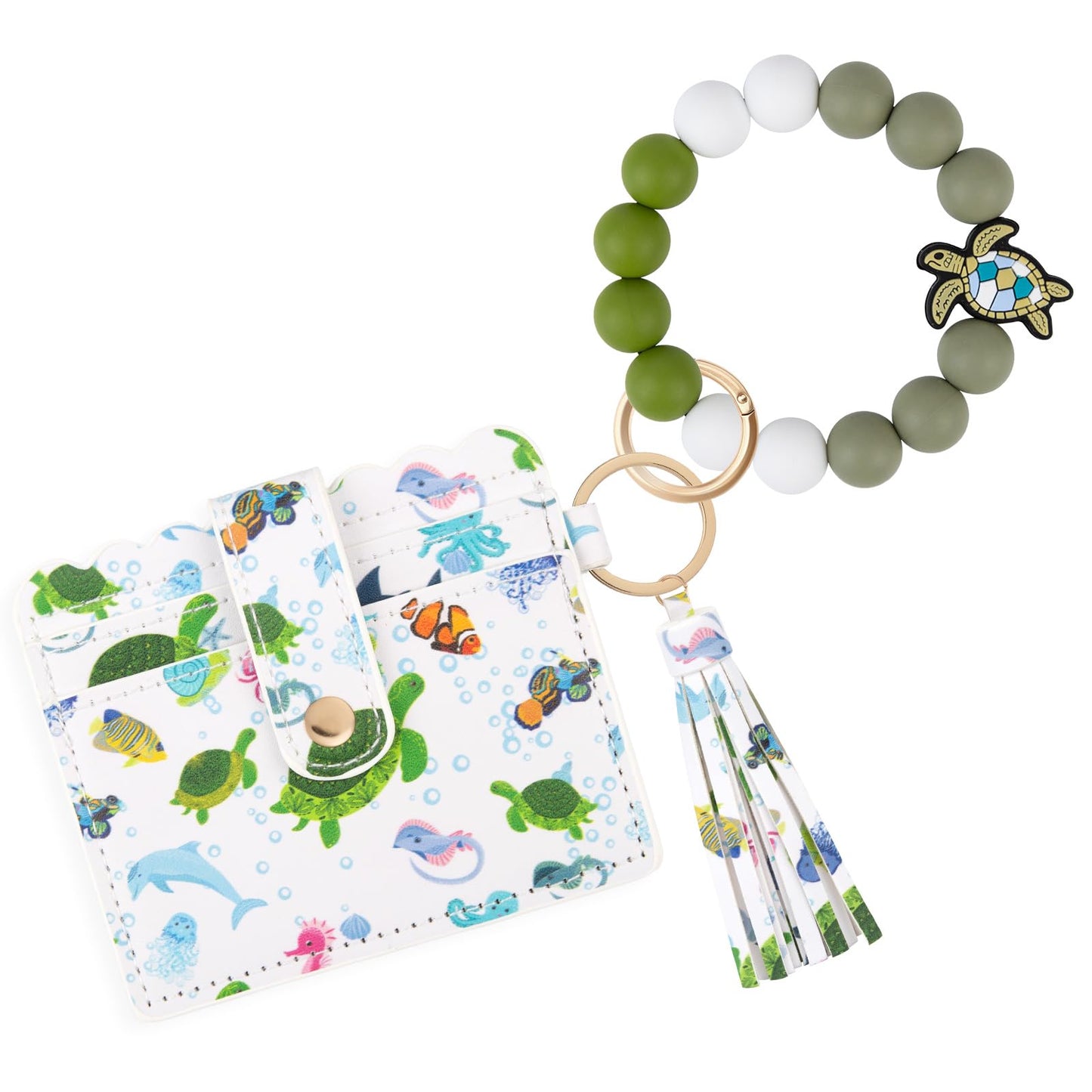 elephtree Wristlet Wallet Keychain,Beaded Silicone Bracelet PU Leather Card Holder Tassel Key Ring Bangle for Women Girls(Turtle)