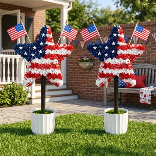 DTNESS 2 Pack Star Topiary Trees for 4th of July Decoration, Outdoor Artificial Plant with Pot & Ground Spike, Front Porch Star Shaped Patriotic Decor w/4 USA Flags, for Memorial Day Independence Day