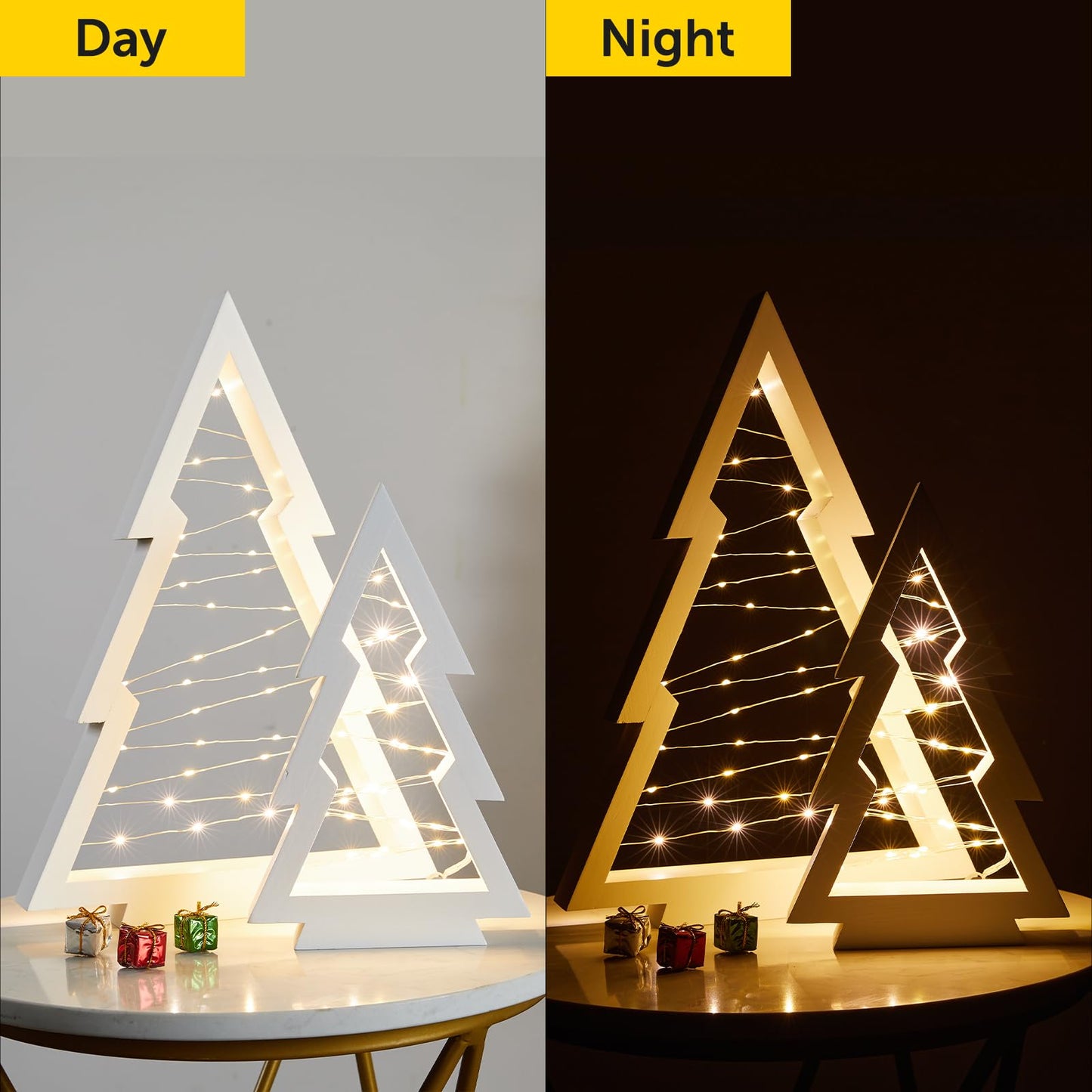 Neoflavie 2 Pcs Wood Christmas Tree with Lights-Modern Farmhouse Lighted Tabletop Christmas Tree Decor for Christmas Holiday Decorations Home Party Table Fireplace Mantle Shelf Decor(White)
