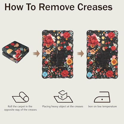 Washable Entryway Small Area Rugs: Door Mat Indoor Entrance 4x6 Floral Rug Ultra Thin Stain Resistant Non Slip Low Pile Lightweight Carpet for Bedroom, Kids Room, Farmhouse Decor (Black)