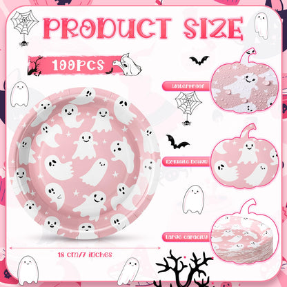 FillTouch 100 Pcs Pink Halloween Ghost Paper Plates 7 Inch Disposable Cake Dessert Dinner Plates for Mexican Independence Day Fiesta Halloween Day of The Dead Party Decorations Supplies(Pink)