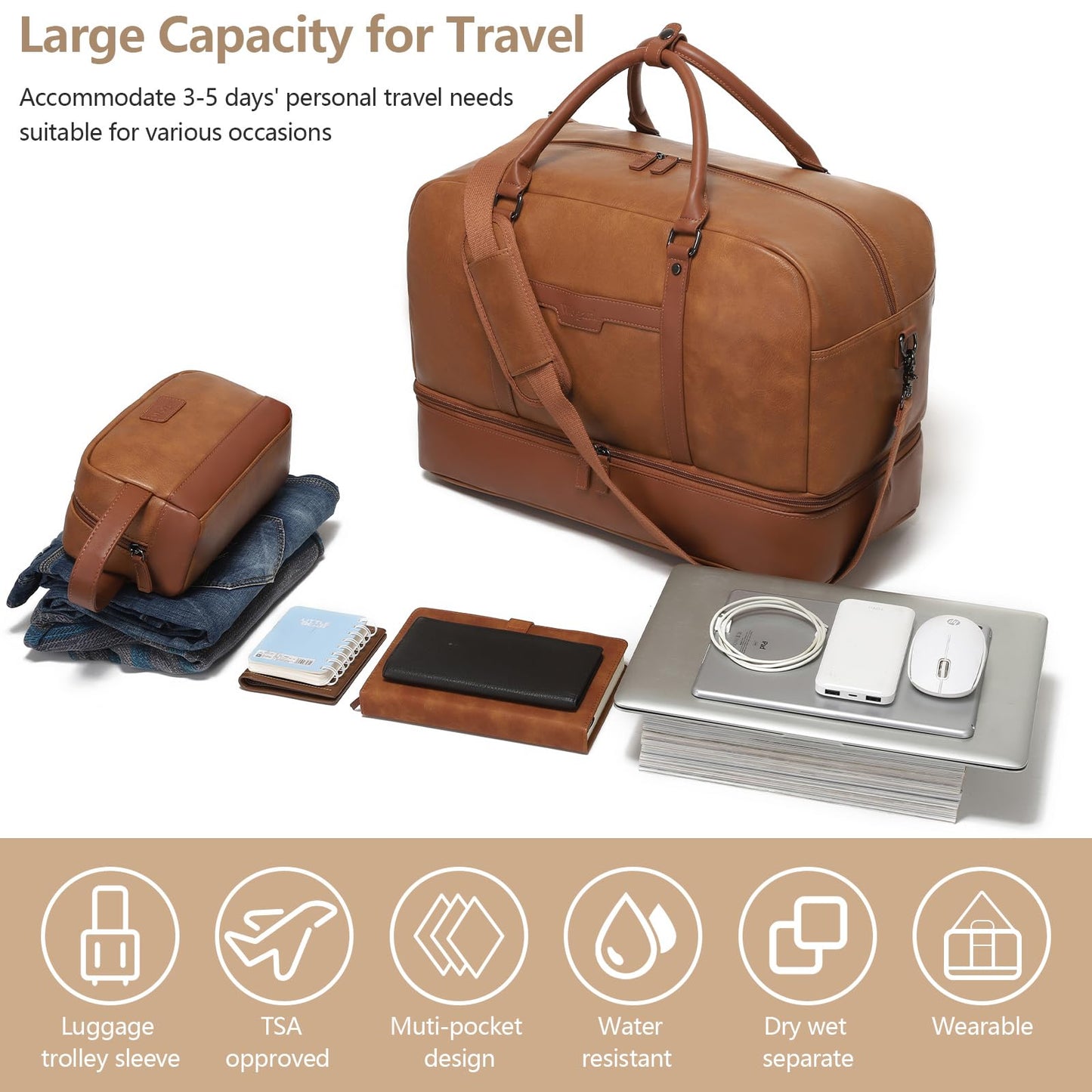 Wogarl Weekender Bag for Women: 4PCS Faux Leather Large Overnight Travel Duffel with Shoe Compartment & Toiletry Satchel Bags Carry On Duffle Fit 21" Laptop (Light Brown)
