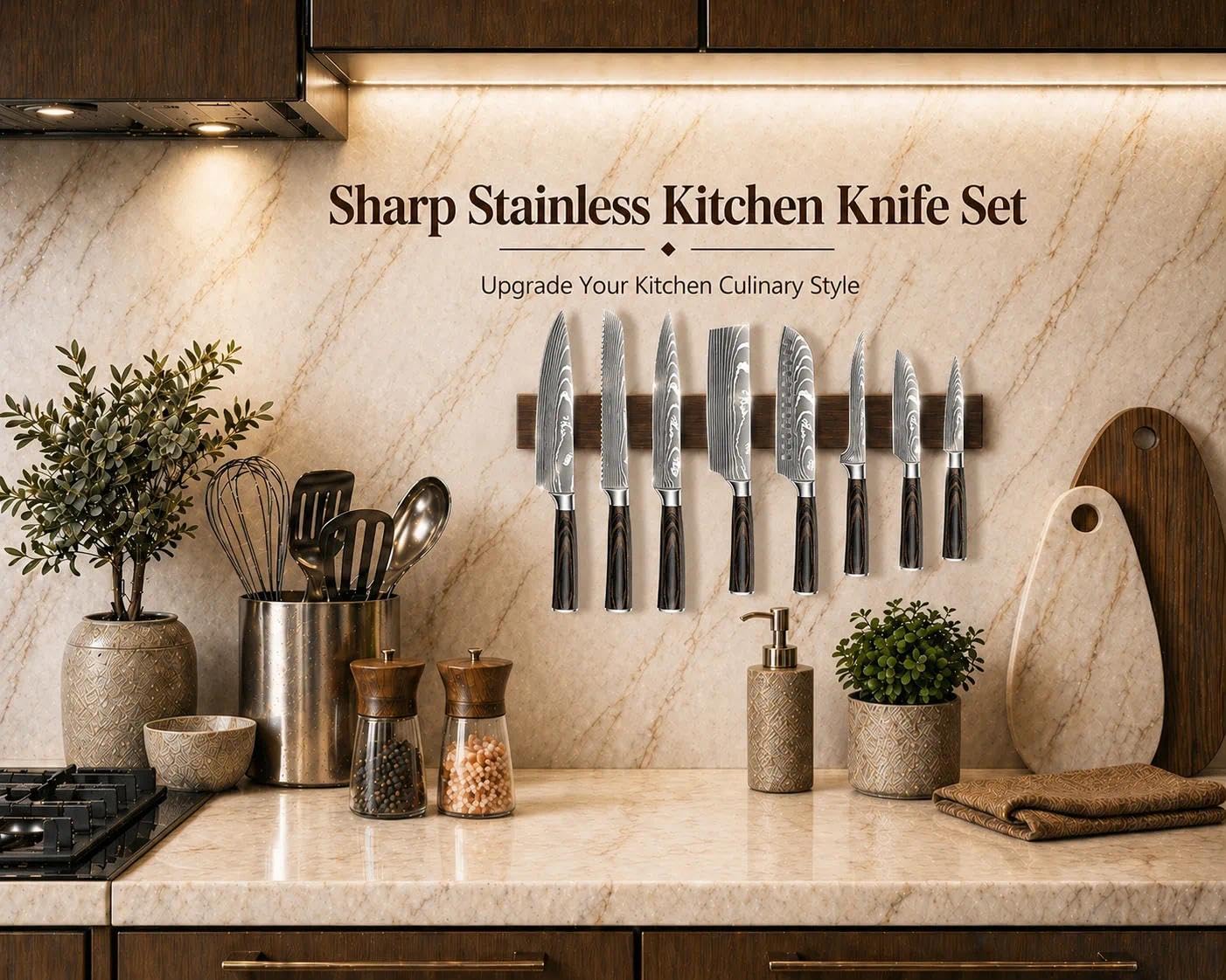 DRAGON ROIT Japanese Knives Set Damascus Pattern Chef Knife Set for Kitchen with Roll Bag, Sharp Stainless Kitchen Knife Set Brown Handle