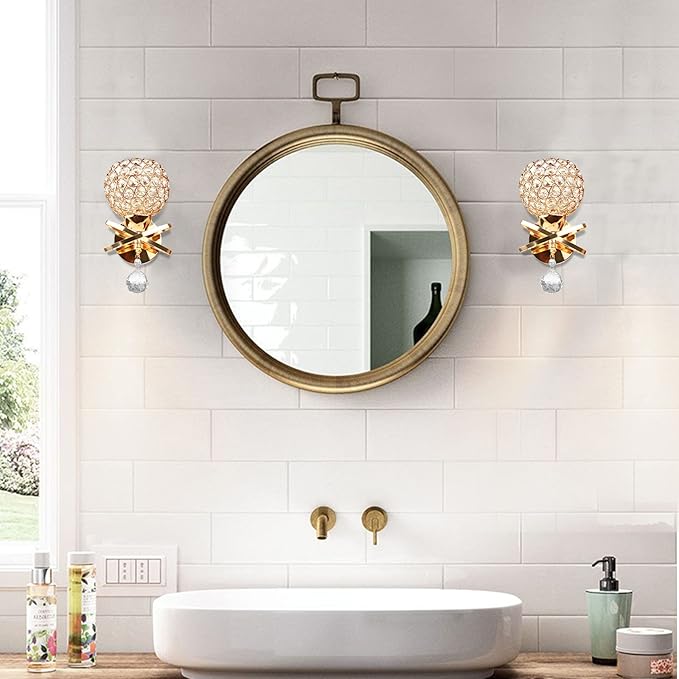 Gold Wall Sconces Set of Two, Modern Crystal Wall Light with E26 Socket Hardwired Sconces Wall Lighting Bedside Wall Lamp Crystal Decor Wall Mount Light Fixture for Living room, Bedroom, Hallway