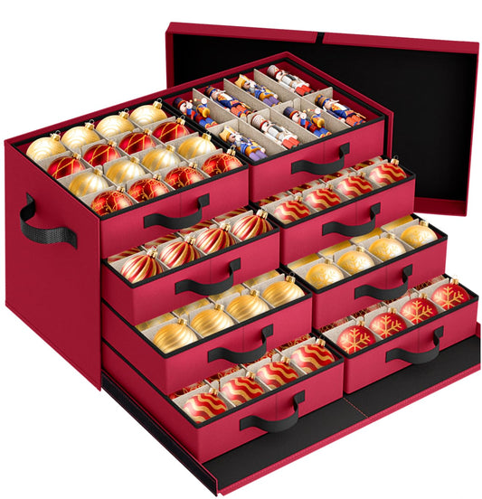 StorageRight Christmas Ornament Storage Box - Ultra Large Drawer Ornament Organizer with 8 Separate Trays & Adjustable Dividers, Portable Ornaments Box with Cover & Handle for Holiday Decorations(Red)
