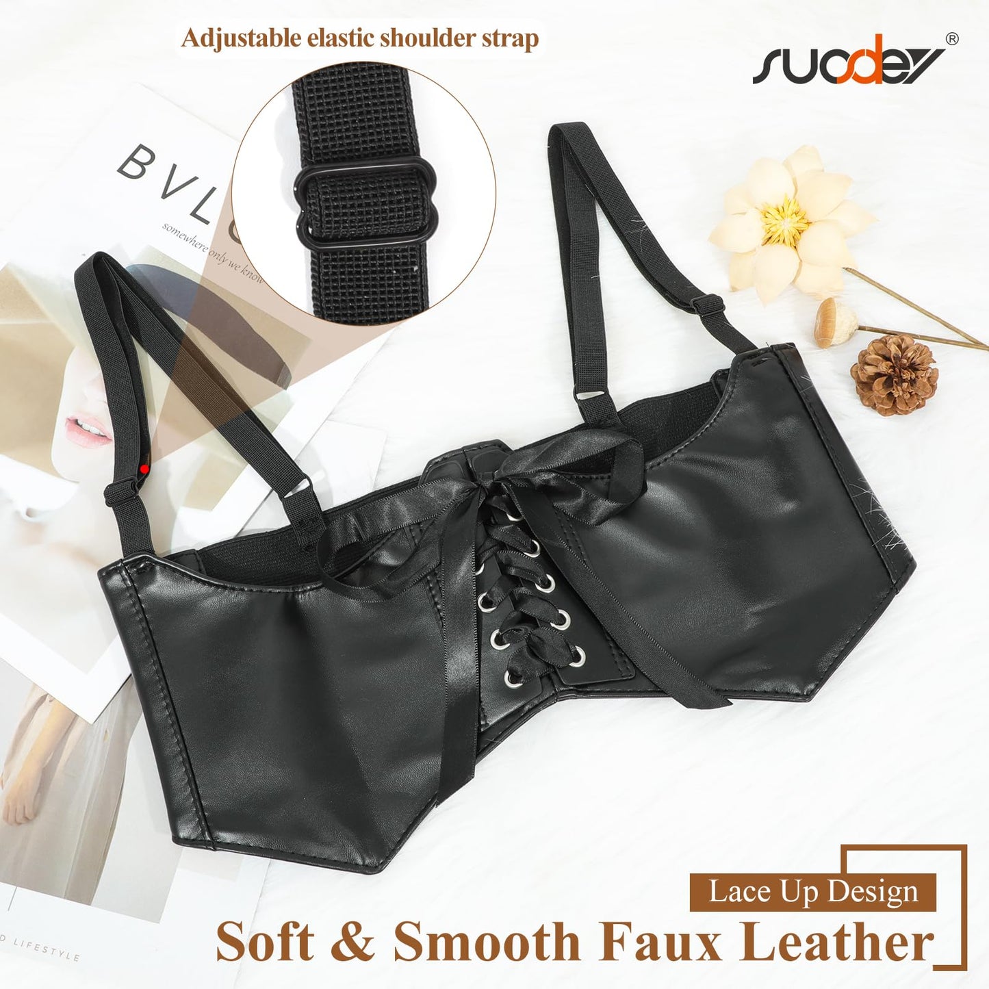 SUOSDEY Women Underbust Corset Belt Elastic Faux Leather Steampunk Renaissance Goth Corset Vest with Straps