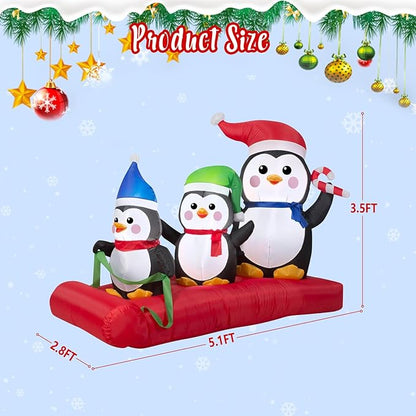 5.1 FT Christmas Inflatables Penguin Family On Sled Scene, Blow up Penguin Decoration Built-in 5 LED, Penguin Sleigh for Christmas Decorations Outdoor Indoor Party Gifts