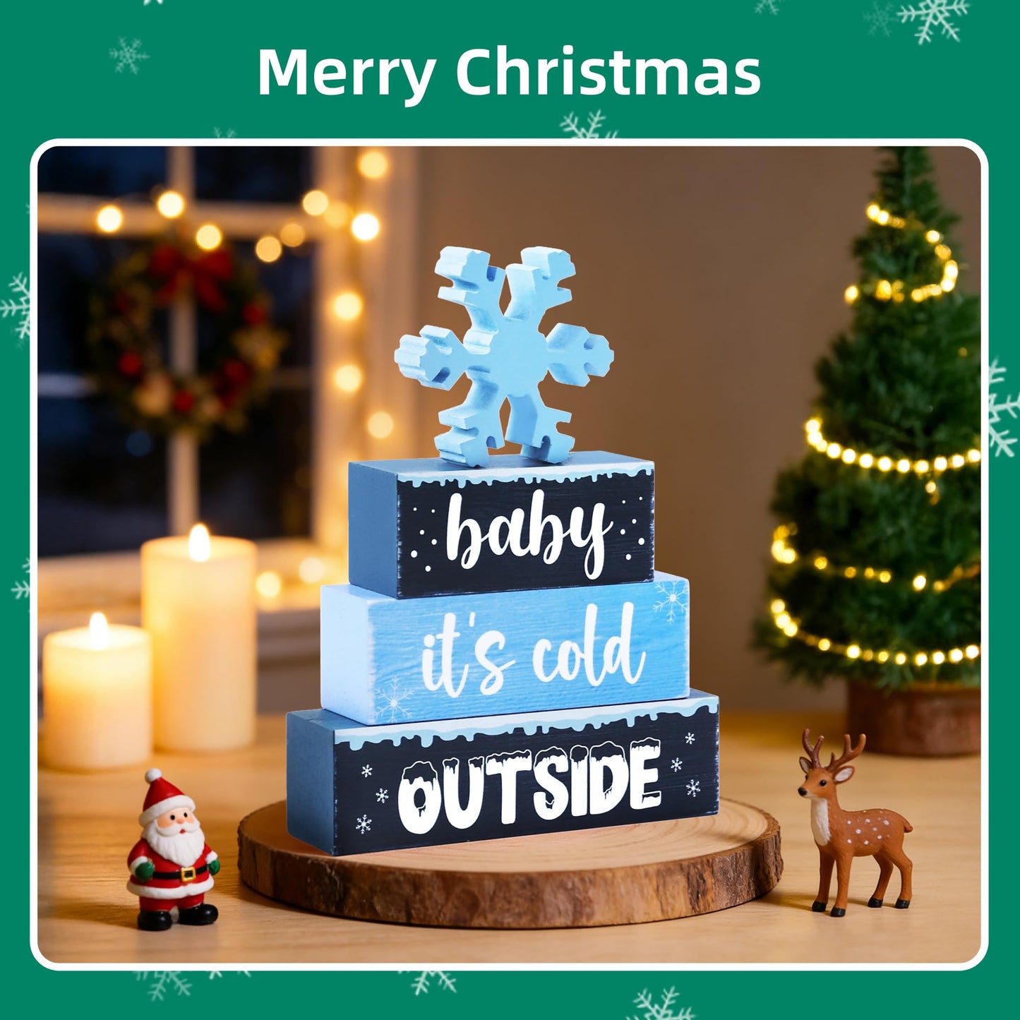 4 Pcs Christmas Wooden Tiered Tray Decor, Snowflake Baby It's Cold Outside Christmas Decorations Gifts for Home, Winter Table Centerpiece for Xmas Party Kitchen Office