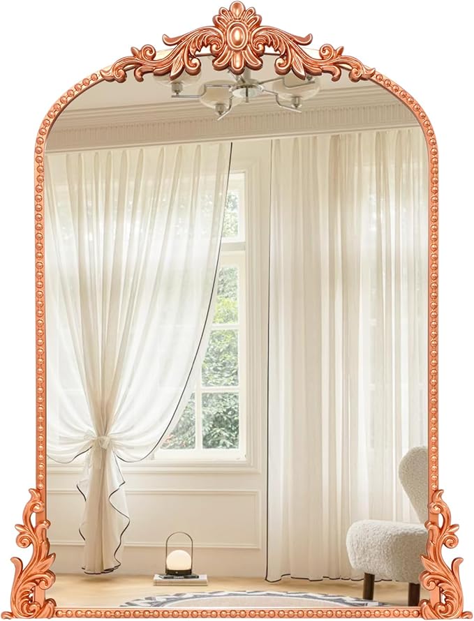 Growsun Arched Mirror, 24’’x36’’ Antique Baroque Traditional Ornate Wall Mirror Decor with Full Metal Frame for Fireplace/Entryway/Living Room/Bathroom