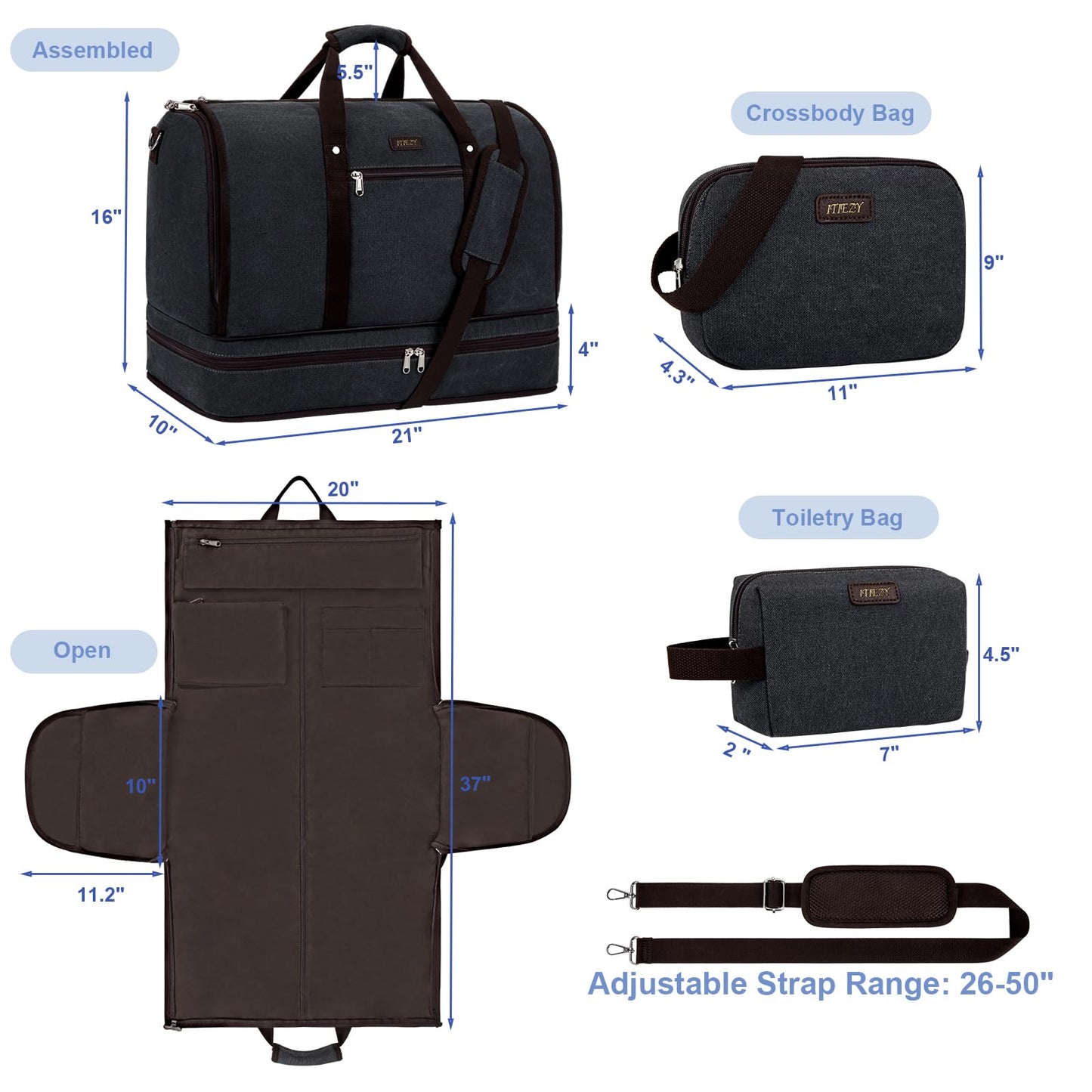 Garment Duffle Bag for Travel - Convertible Carry on Garments Duffel Bags Travel Bag for Women Men Large Weekender Bag with Shoes Compartment 3 in 1 Hanging Clothes Suit Dress Bag 3pcs Set