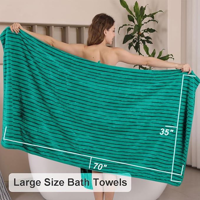 8 Pcs Blue Green Cabana Stripe Large Bath Towel Set