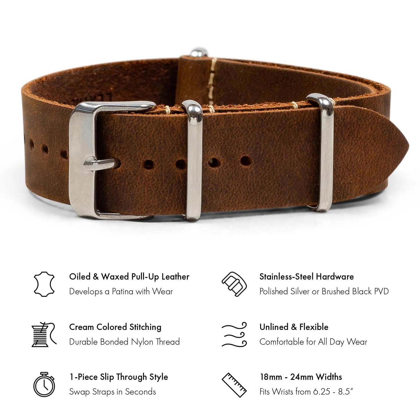 Benchmark Basics Leather Watch Band - Crazy Horse Oiled Leather One-Piece Watch Straps for Men & Women - 24mm, Dark Brown