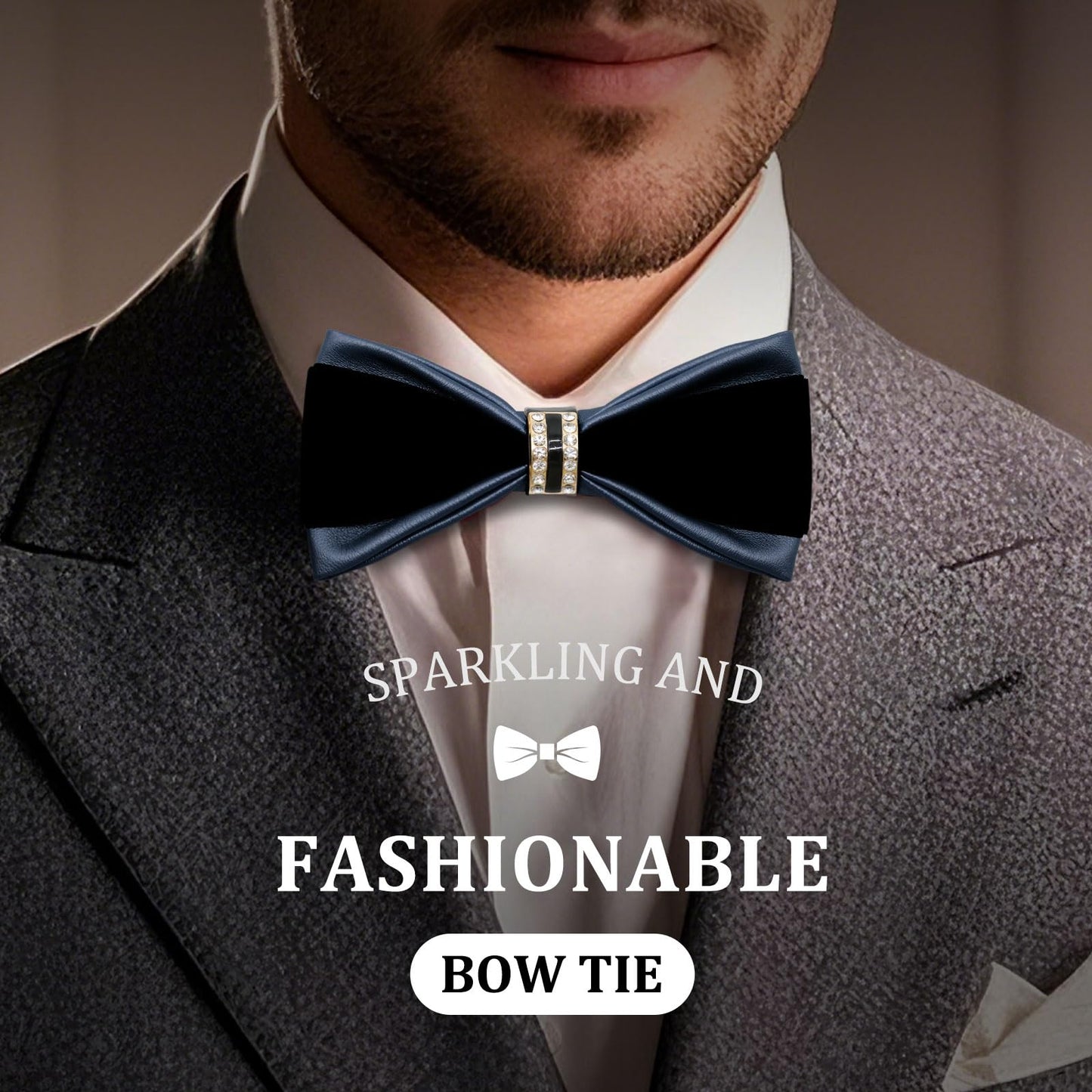 LHXzizizi Sequin Velvet Bow Tie for Men, Leather Two-tone Mens Bow Tie Adjustable Pre-Tied Bowtie Men for Wedding Party Prom (Black Blue)