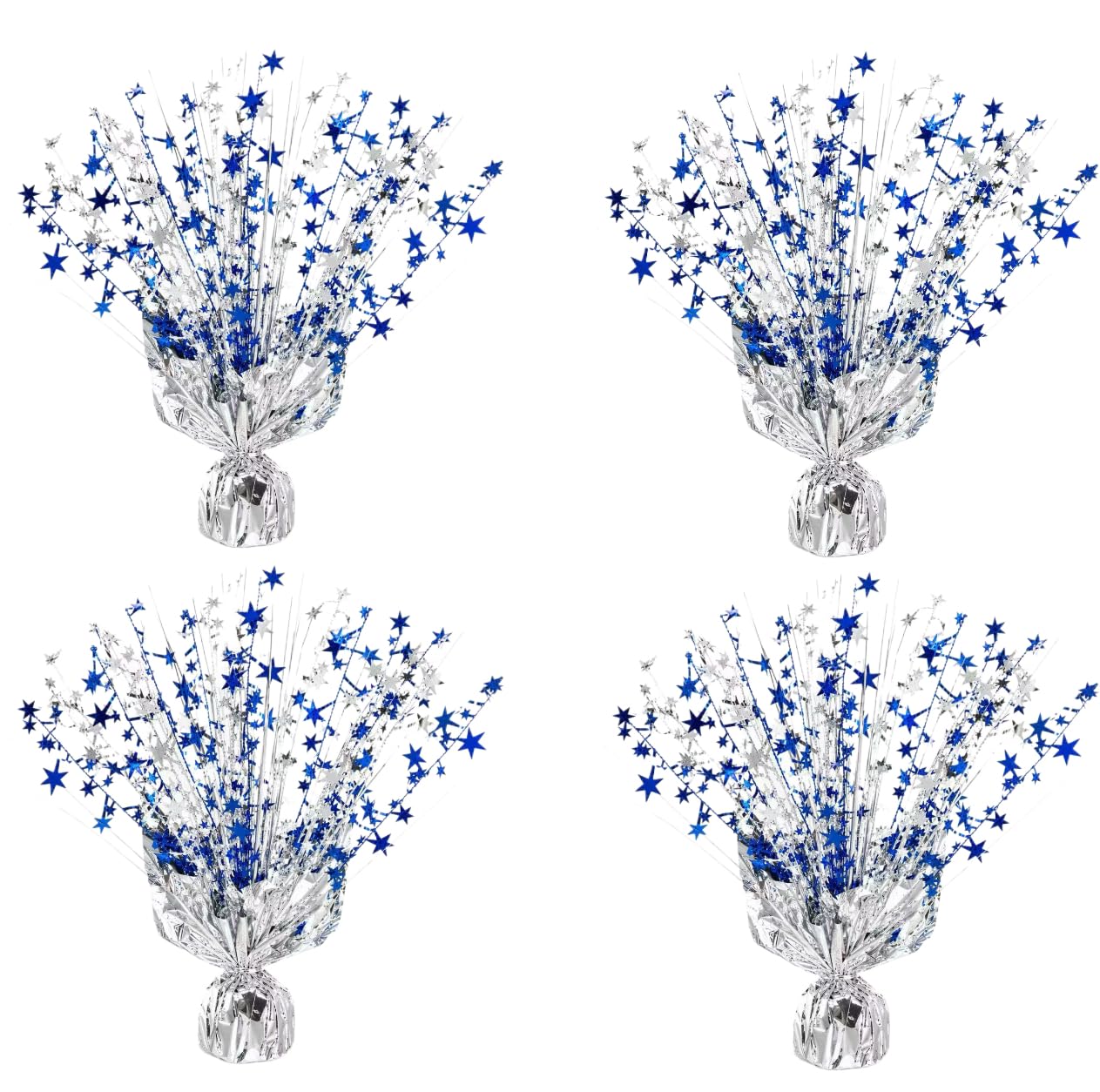 4 Pack Metallic Foil Spray Centerpiece Stars for Wedding, Birthday, Anniversary, Christmas Table Decor, Holiday Festival Baby Shower Graduation Mantle Party Decorations (Silver&Blue)