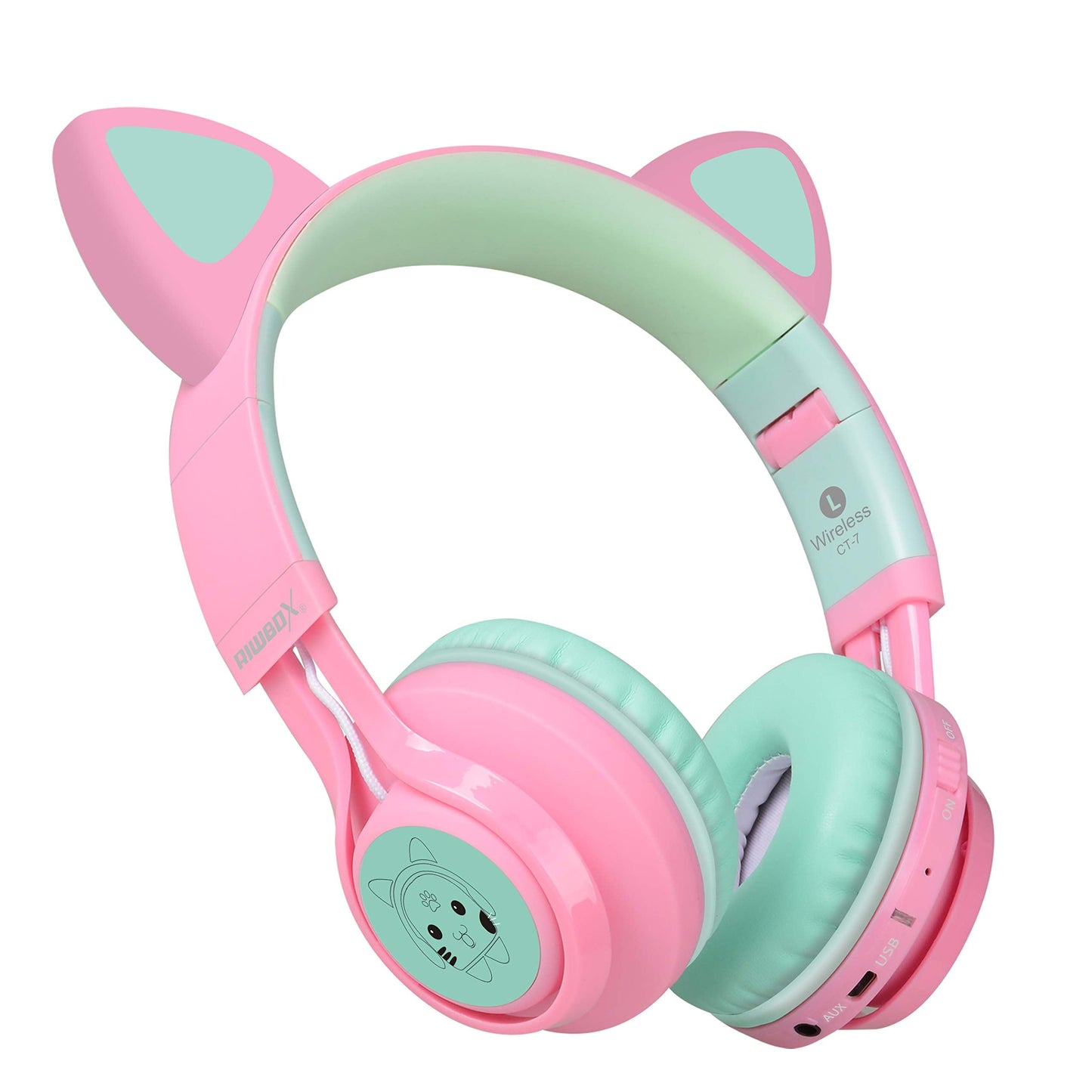 Riwbox CT-7 Cat Ear Bluetooth Headphones, LED Light Up Bluetooth Wireless Over Ear Headphones with Microphone and Volume Control for Travel/School/Smartphones/Laptop/PC/TV (Pink&Green)