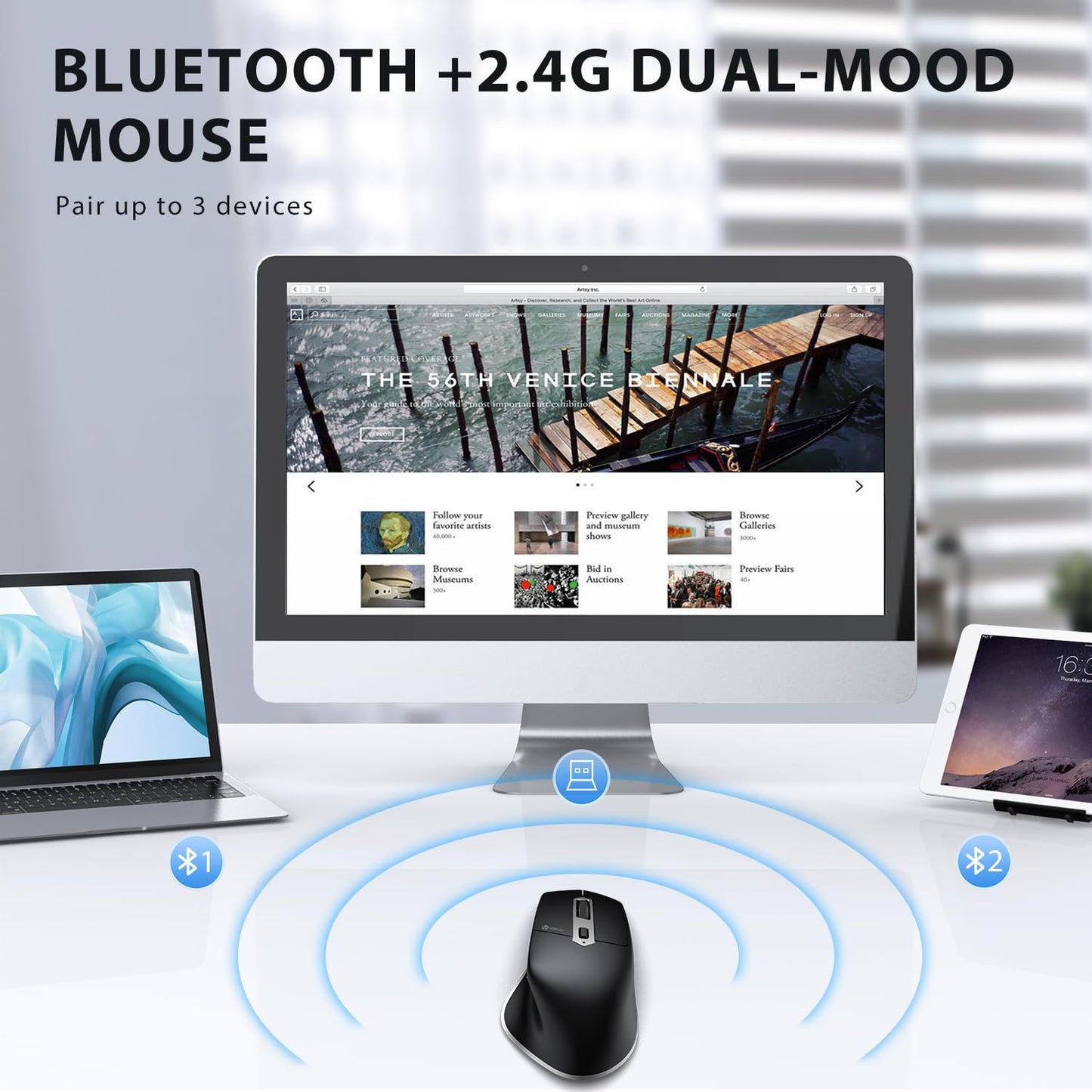 iClever Wireless Mouse with Bluetooth or USB Receiver, 5 Adjustable 2400DPI Rechargeable Computer Mice, Wireless Mouse for Laptop, iPad, MacBook, Tablet, PC