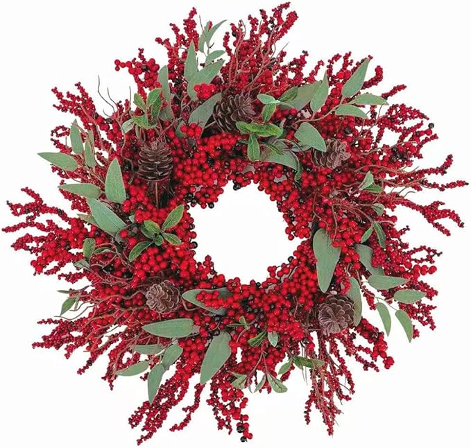 20 inch red Berry Christmas Wreath for Front Door，Used for Wall, Window, Porch, Farmhouse, Indoor and Outdoor Home Decoration