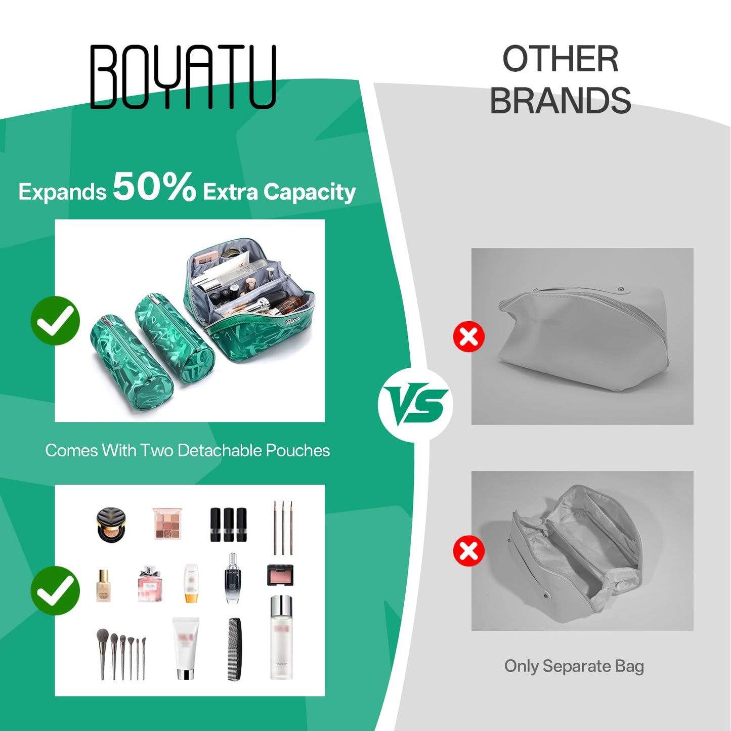 BOYATU Travel Makeup Bag for Women: Y2K Aesthetic Personalized Glossy 3 Pcs Set Cosmetic Organizer Bag - Trendy Statement Toiletry Pouches for Forward Women - Stand Out at Festivals & Trips(A-1-Green)