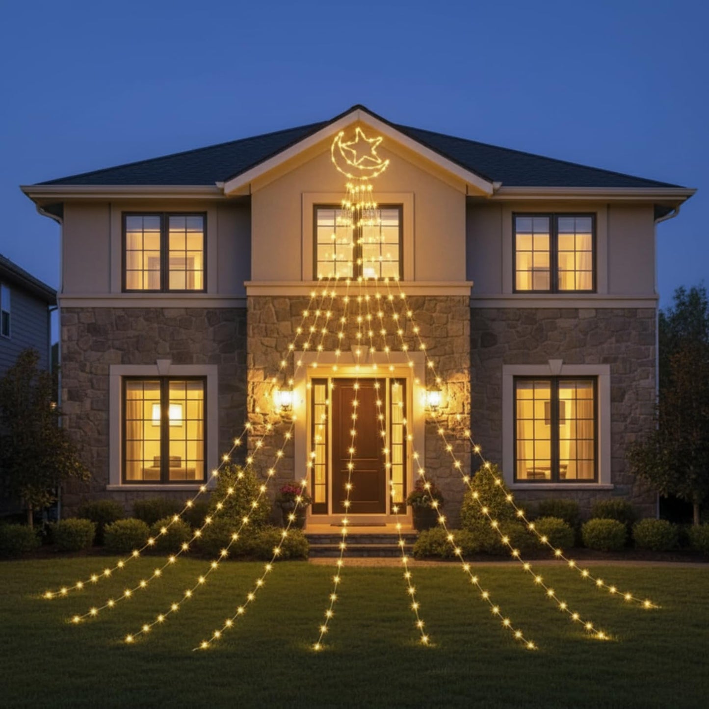 Glooglitter Ramadan Mubarak Eid Moon Star Lights Outdoor Decor 11.5ft Warm LED Waterfall Lights Extension Cord USB Powered for Tree Outside Yard Garden Patio Wall Porch Decorations