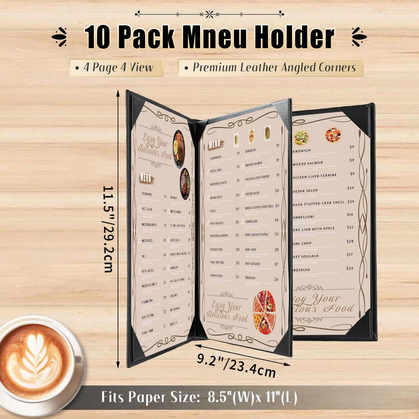 FLKQC Restaurant Menu Covers Holders 8.5 X 11, 10 Pack Synthetic Leather Menu Holder Covers Book Style with Angled Corners Black for Wine List, Certificate Organizer Diploma Holder