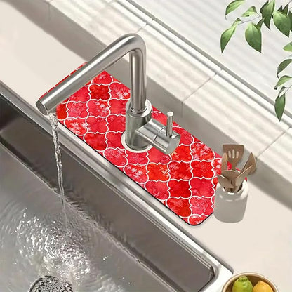 Watercolor Moroccan Marbled Kitchen Sink Splash Guard Faucet Mat Red Tiles