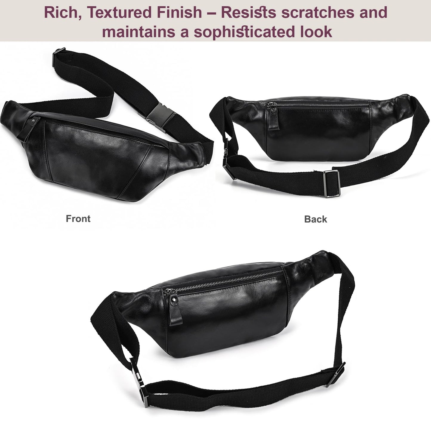 Yevabo Genuine Leather Waist Bag for Men Women, Fanny Pack with Multi-Pockets, Adjustable Strap for Travel, Hiking & Daily Use, Black