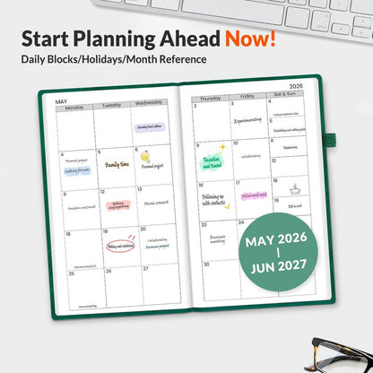 SUNEE 2026 Weekly & Monthly Hardcover Planner 5.5" x 8.3" - 12 Month (January 2026 - December 2026), Small Hardcover Planner, Pocket, Notes, 100 GSM Paper, Deep Green