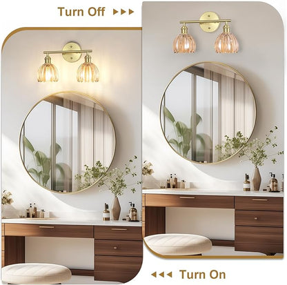Vintage Bathroom Light Fixtures,2-Light Hardwired Vanity Lights Over Mirror,Gold Wall Sconces with Amber Tulip Glass Shade for Bathroom Living Room,E26 Socket(Bulbs Not Included)