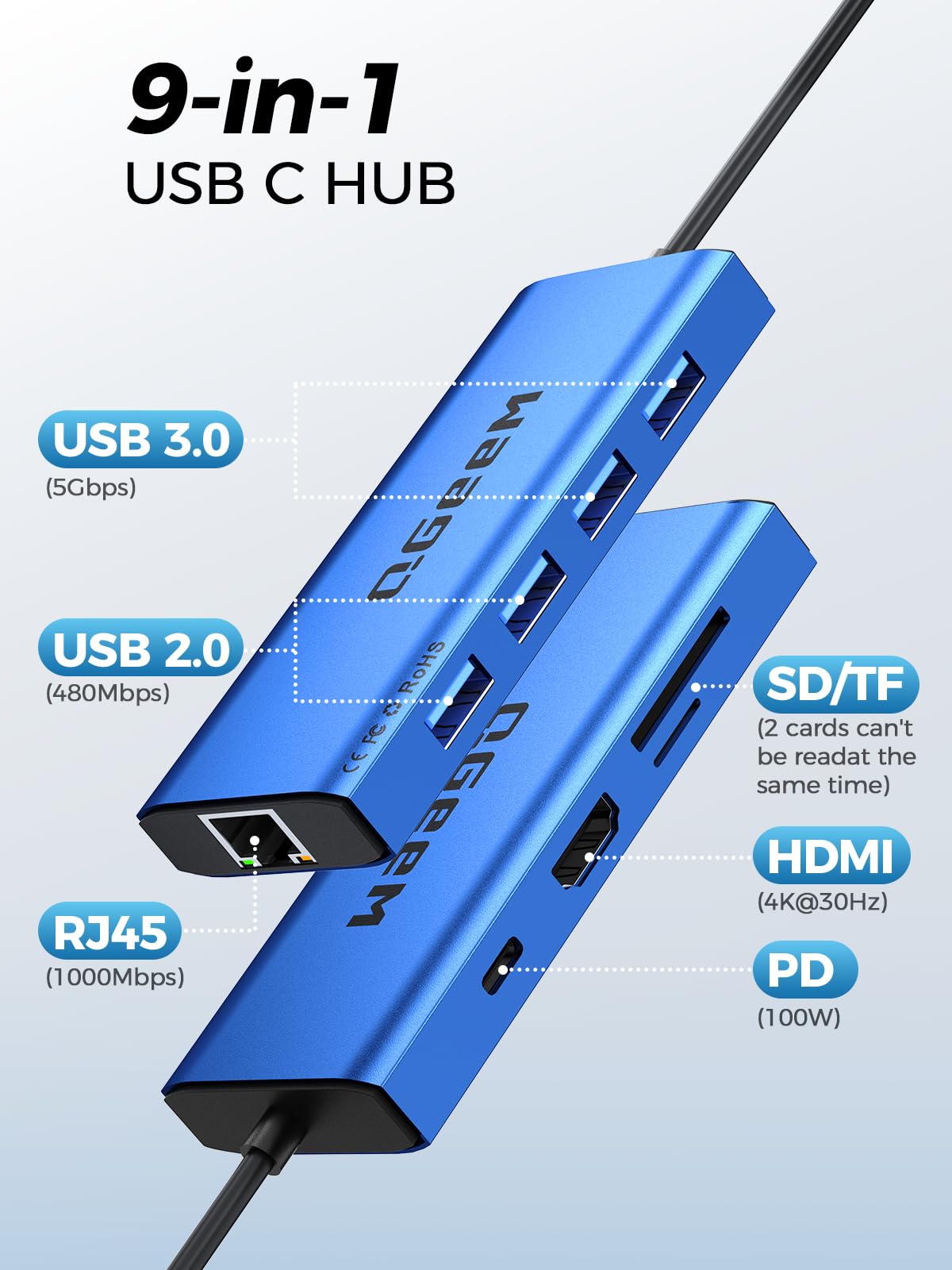 QGeeM USB C Hub Ethernet,9 in 1 USB Type C Hub HDMI Multi-Port Converter Adapter,100W Pd, USB 3.0,SD/TF Card Reader,Compatible for MacBook Pro Air Ipad HP Dell Lenovo Chromebook etc.