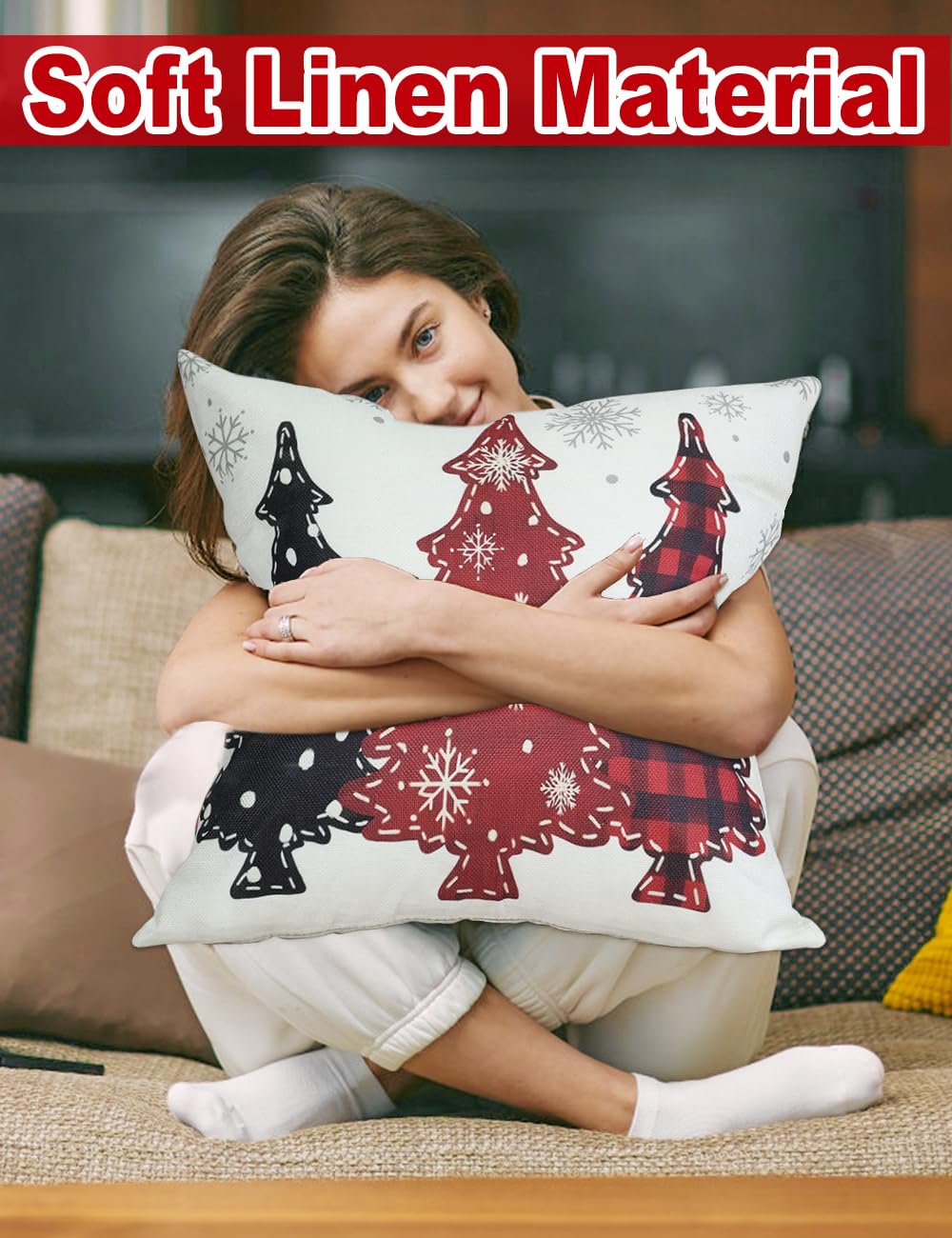 Double-Sided Print Christmas Pillow Covers 20''x20'', Set of 4, 8 Christmas Patterns Christmas Tree, Snowman, Snowflakes, Merry Christmas, Deer, Santa Claus,Truck, Let It Snow, Soft Linen Material